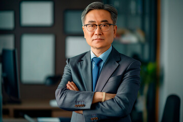 Obraz premium Confident asian mature businessman keeping arms crossed and looking at camera while standing in office