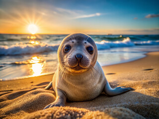 Adorable seal pup relaxes on sun-kissed sandy shore, warm rays illuminating its fluffy fur as gentle ocean waves crash in the serene background.
