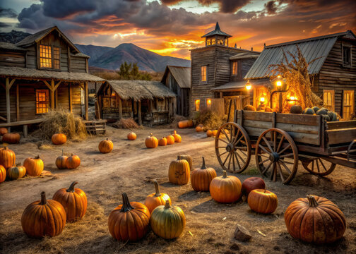 Spooky western town at dusk with jack-o-lanterns, cobwebs, and old wagons, perfect for eerie Halloween atmosphere and country-inspired decoration.