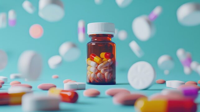 Drug abuse concept with close up of prescription bottle and hydrocodone pills on blue background with colored pills