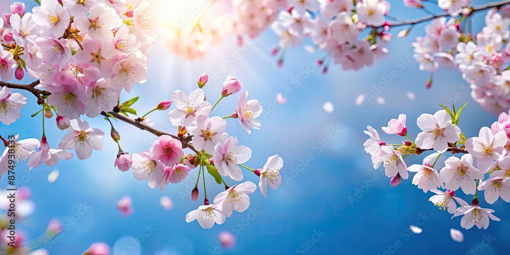 Poster of cherry blossoms in full bloom with petals dancing in the blue sky, cherry blossoms, full bloom, petals, dancing, blue sky