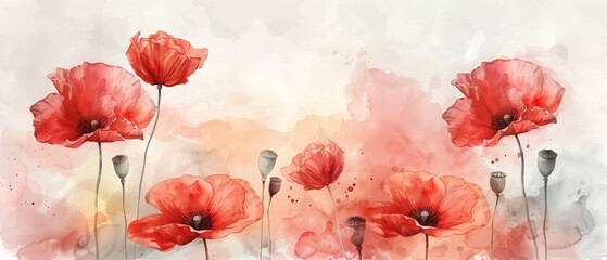 Vibrant red poppy flowers on pastel watercolor background, delicate artistic nature portrayal.