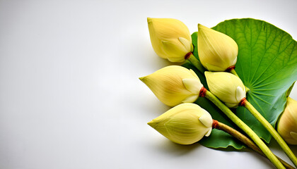 Five Yellow Lotus Buds With Green Leaf on White Background