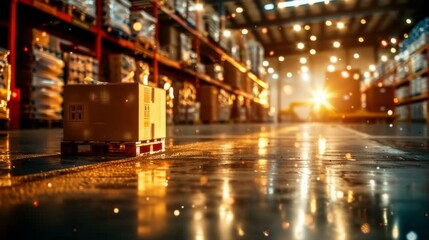 A box is sitting on a pallet in a warehouse