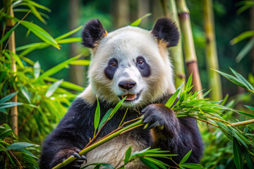 Fluffy white and black panda bear sits amidst lush green bamboo stalks, playfully munching on shoots in a serene and idyllic forest setting.