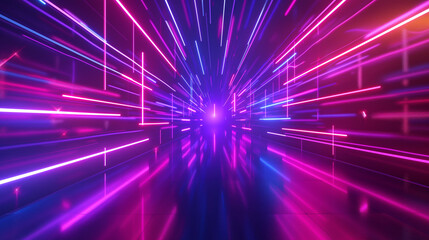 Fototapeta premium Empty futuristic corridor background tunnel studio stage construction neon lights graphic glow purple blue bright virtual sci-fi futuristic 3D rendering illustration