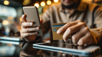Closeup of a man holding a credit card and using a smartphone for business internet payment concept Buy things online electronic commerce financial technology mobile bank