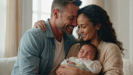 Obraz premium A happy family of three, a father, mother, and young daughter, smiling and embracing each other in their bright, cozy living room.