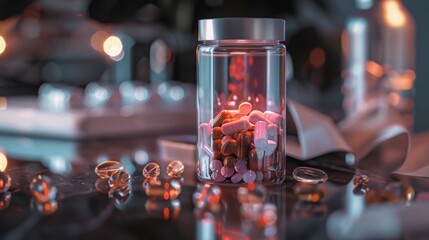 A jar of pills is on a table with other pills scattered around it