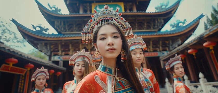 AI generator image of Asian women, Wear the traditional costume, Iconic attractions in Xishuangbanna, Full-body photo, Straight face photo, Wide angle,Live action photography