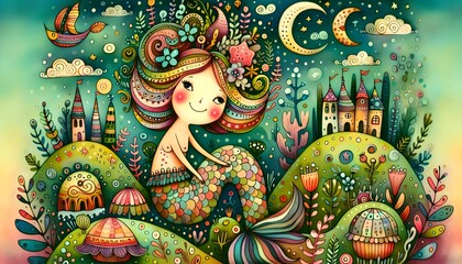 Fototapeta premium Ilustración infantil, para cuentos de niños, storybook, cuento de hadas, mundo mágico, reino mágico, princesas, príncipes, hadas, elfos brujitas, decoración, wallpaper