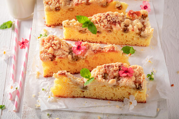 Homemade and delicious gooseberry butter cake with glaze and crumble.