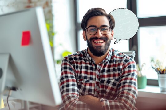 a man with a beard and glasses sitting at a desk