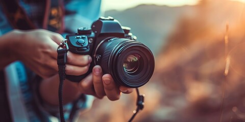 Traveler photographer with a camera in his hand against the background of a field and haystacks.