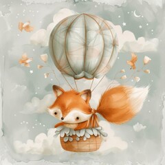 A cute watercolor illustration of a fox in a hot air balloon