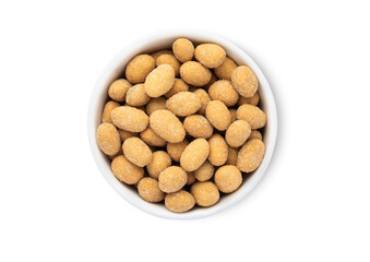 Bowl with salted peanut nuts with sour cream taste isolated on white background.Top view.