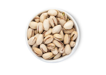 Bowl with salted pistachio nuts isolated on white background.Top view.