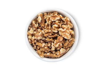 Bowl plate with healthy organic walnut nuts isolated on white background.Top view.