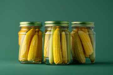 Homemade canned baby corn, glass jar mockup, beige background