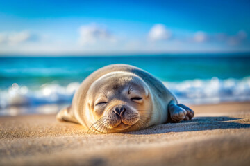 Serene oceanfront scene featuring an adorable baby seal snoozing on warm sandy beach, gentle waves softly lapping in the tranquil blue background atmosphere.