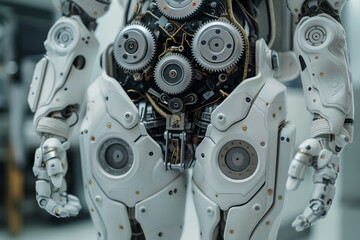 Fototapeta premium Closeup. Futuristic humanoid or cyborg driven by gears. 3d rendering illustration.