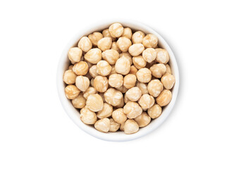 Bowl with healthy white shelless hazelnut nuts isolated on white background.Top view.