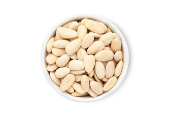 Bowl plate with healthy white shelless almond nuts isolated on white background.Top view.