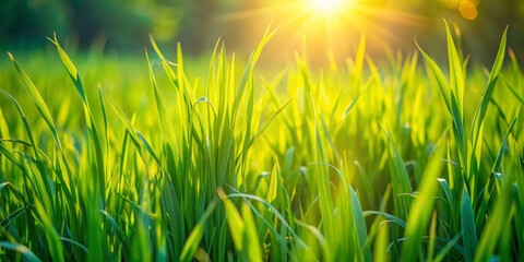 Obraz premium Lush vibrant green grass swaying gently in the breeze, with subtle shadows and sunlit highlights, providing a serene and peaceful natural background.