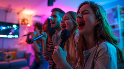 A group of friends singing karaoke at home through a microphone.