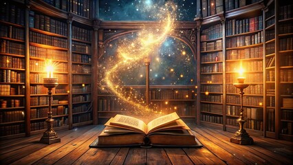 Magic book in enchanting library with spirits & glowing light in the room, magic, book, enchanting, library, spirits