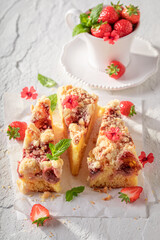 Homemade and sweet strawberry cake made of fresh fruits.