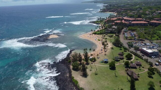 4K drone video of the island of Hawaii over the beaches of Lihue, Kauai. Near Waikiki Beach, Na Pali Coast, Haleakala National Park, Moloka'i's Kalaupapa