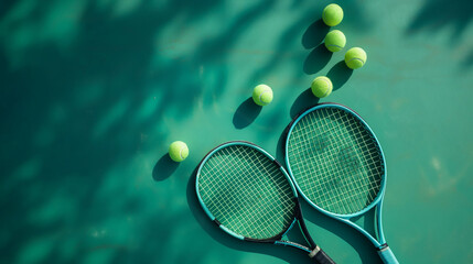Aerial view of tennis racket and tennis ball on tennis court.