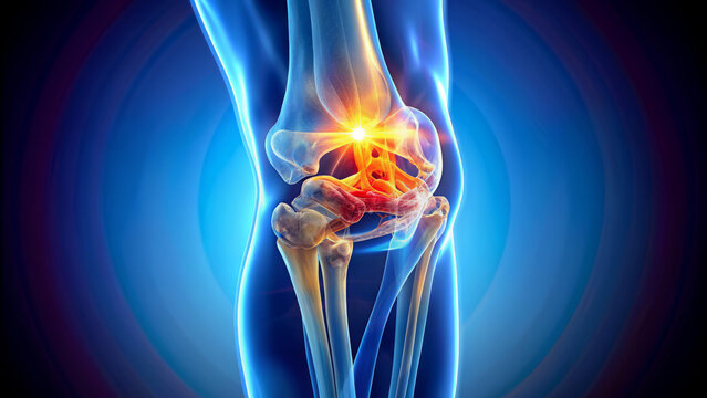 Illuminated 3D model of human knee joint showcasing hyaluronic acid, synovial fluid, and cartilage structures in intricate detail for medical illustration and anatomy study uses.