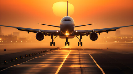 Fototapeta premium Golden Hour Landing: A Spectacular View of an Aeroplane Touching Down at Sunset
