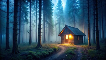 Lonely cabin illuminated in misty dark woods , eerie, creepy, spooky, mysterious, isolated, remote, foggy, misty, woods, forest, cabin