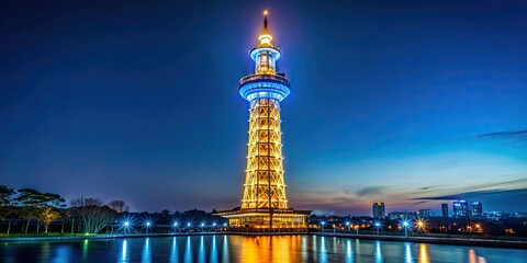 Obraz premium Glowing tower against the night sky, night, tower, tall, illuminated, lights, architecture, city, skyline, dark, urban
