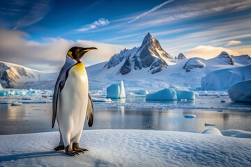 Solitary Emperor penguin stands majestically on frozen tundra, surrounded by snow-capped glaciers and icy landscapes, in the harsh yet serene Antarctic wilderness environment.