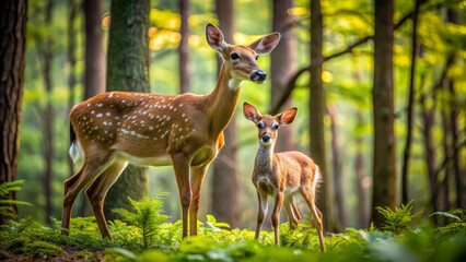 Obraz premium Adorable white-tailed deer and its fawn stand together in a serene forest, surrounded by tall trees and lush greenery, showcasing tender motherly love.