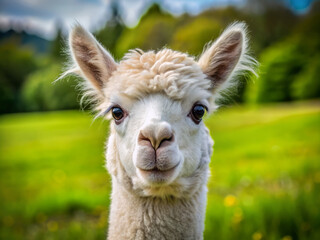 Obraz premium Close up of white alpaca looking straight ahead in the beautiful green meadow. AI generated