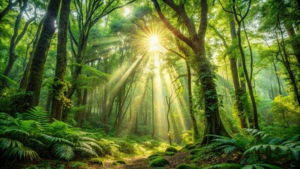 Naklejka premium Lush forest scene with sunlight filtering through canopy, creating cinematic perfection, dense forest, sunlight, canopy, verdant