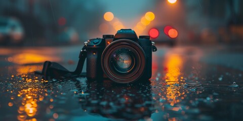 Close up camera on wet asphalt road. Blurred city lights at night in the background.