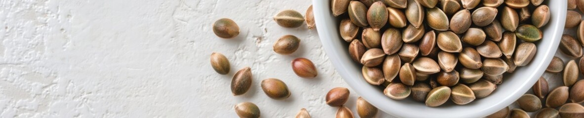 Obraz premium Overhead view of a bowl filled with hemp seeds on a white surface. Perfect for health, nutrition, and organic food concepts.