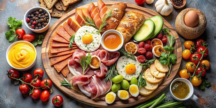 Lavish brunch platter with eggs, meats, cheese, and fresh produce , breakfast, platter, eggs, meats, cheese