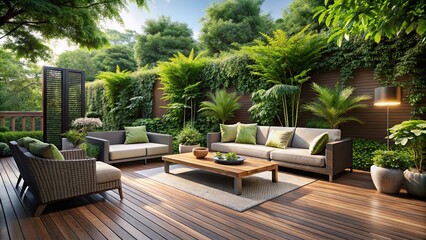 Obraz premium Luxurious garden deck with modern furniture and lush greenery , luxury, private, deck, garden, render, outdoor, relaxation