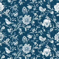 Charming Floral Grid Pattern with Realistic Blue, Green, and Pink Flowers