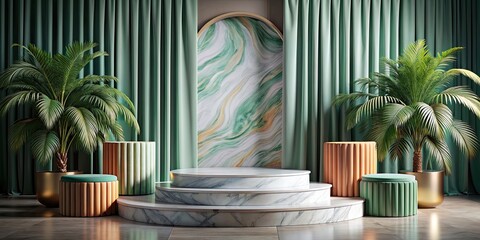 Luxurious tropical marble podium with colorful shapes and elegant curtains , luxury, tropical, marble, elegant