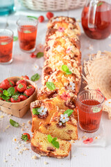 Delicious strawberry yeast cake freshly baked in summer.