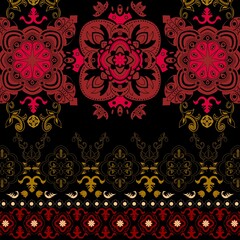 Indian ethnic tribal fabric patterns featuring floral designs in vibrant orange-pink tones ethnic that play with light, adding depth and dimension to the beautiful imagery. Meticulously ethnic crafted