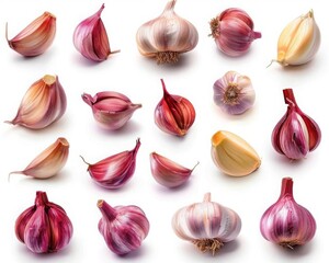 A variety of garlic bulbs and cloves on a white background.